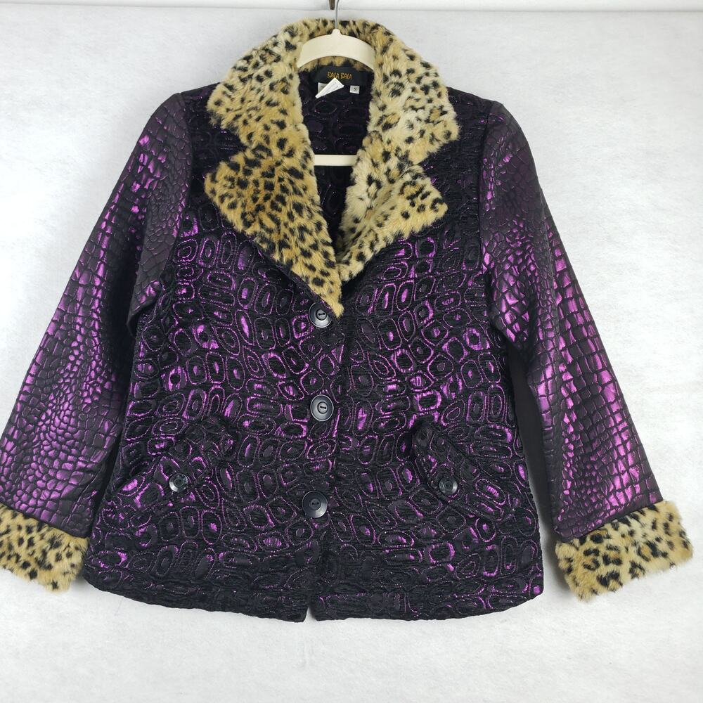 Bala Bala Women's S Leopard Print Cuff Jacquard Jacket Purple Geo Disco Metallic
